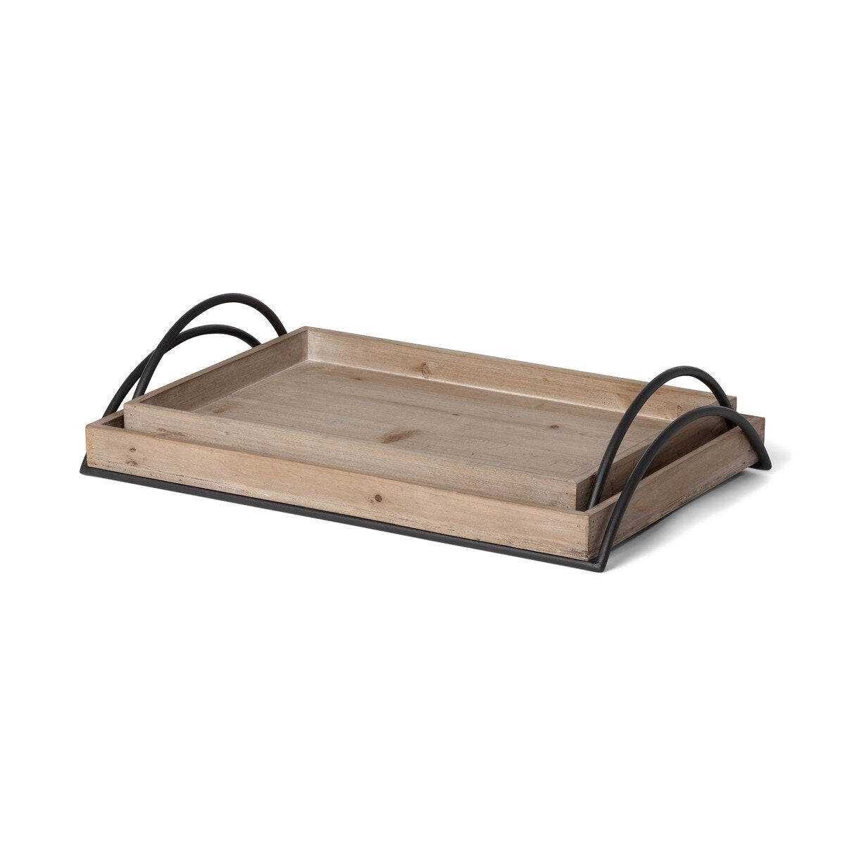 Wood Trays with Iron Handle, Set of 2