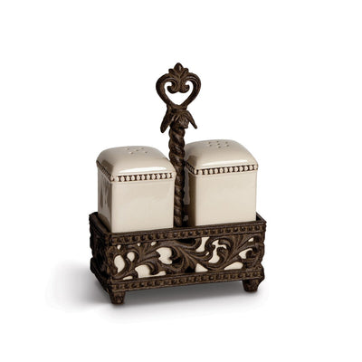 Acanthus Stoneware Salt and Pepper Shakers in Holder