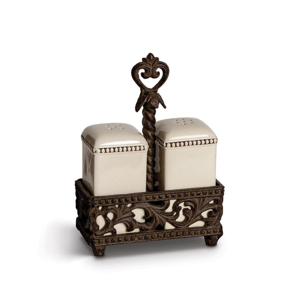 Acanthus Stoneware Salt and Pepper Shakers in Holder