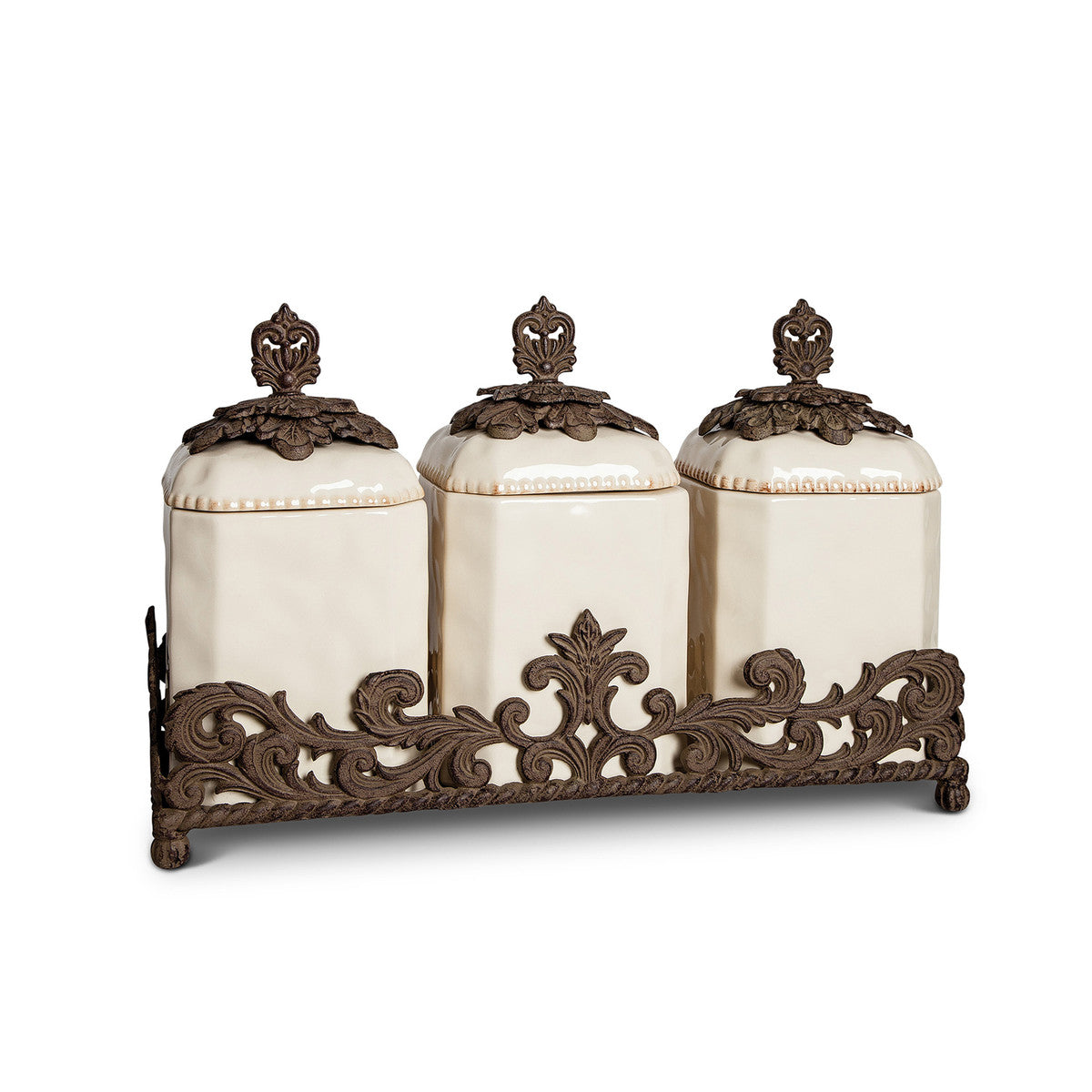 Acanthus Stoneware Canister Set, Set of 3 Canisters with Base