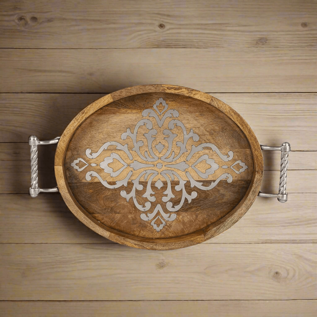 Rustic Mango Wood Serving Tray with Metal Handles