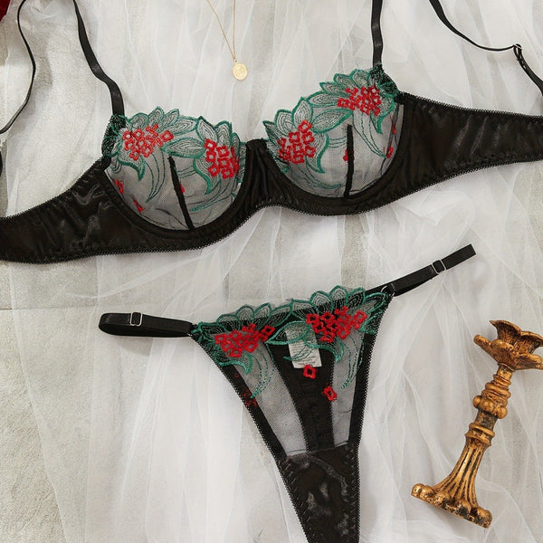 Underwear three-point sexy mesh embroidery perspective fun lingerie set women's T-pants temptation