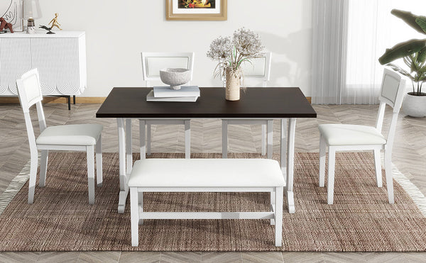 TOPMAX Farmhouse 6-Piece Trestle Dining Table Set with Upholstered Dining Chairs and Bench  59inch, White