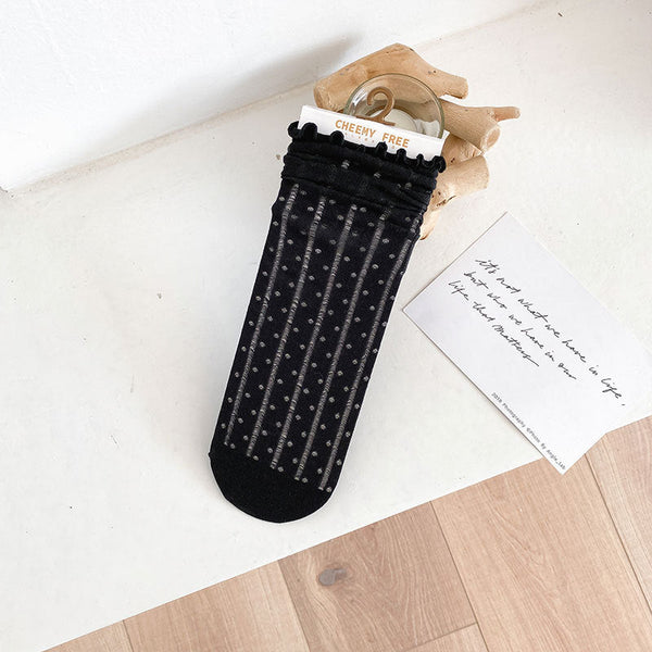1 pair of socks for women summer thin black middle tube socks Japanese lace ballet style socks mesh breathable pile socks - Gifts for You 'n Me