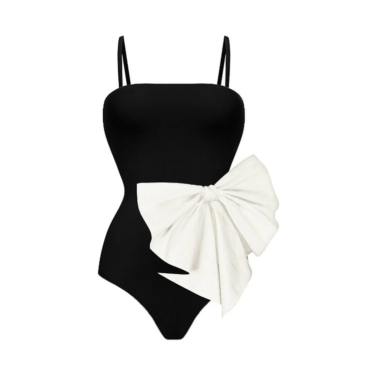 One piece swimsuit bow decoration sweet girl black and white contrasting swimsuit female