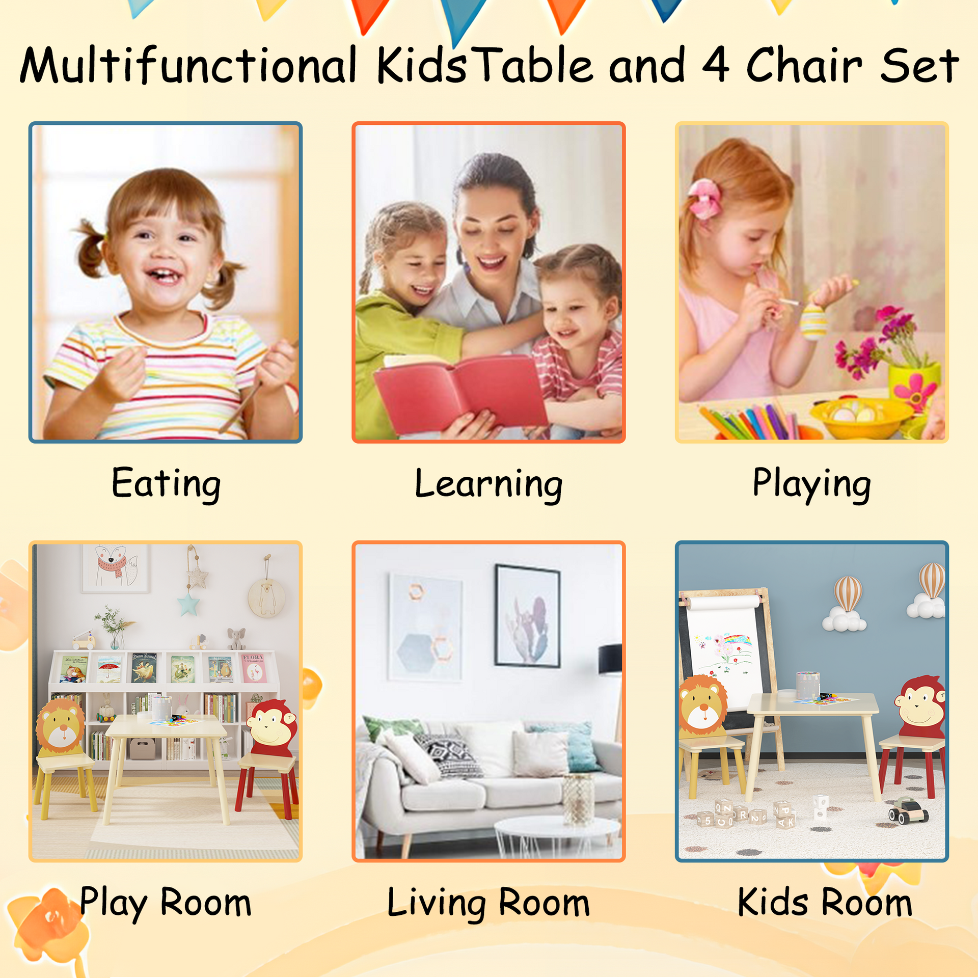 Kids Table and 2 Chairs Set 3 Pieces Toddler Table and Chair Set Wooden Activity Play Table Set (Lion&Monkey)