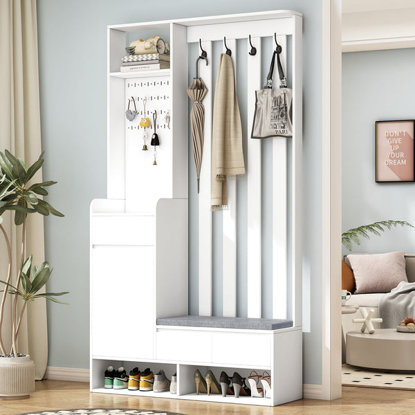 39.3'W70.8'H multifunctional corridor shoe cabinet with soft padded nail board and white clothes hanger with entrance hook
