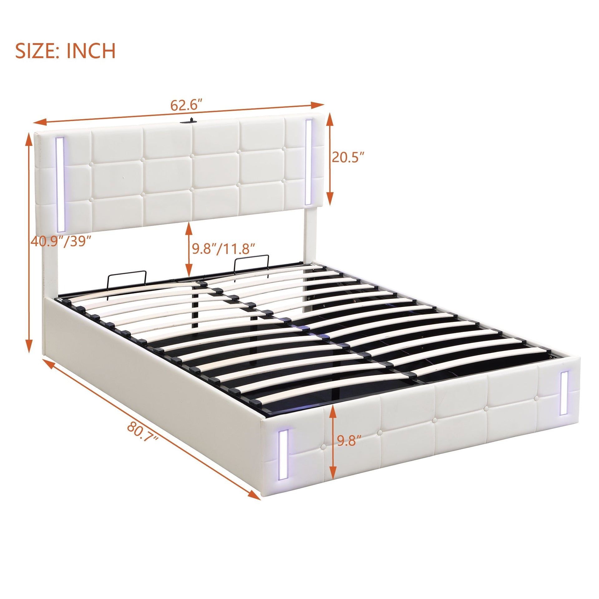 Queen Size Upholstered Bed with LED Lights,Hydraulic Storage System and USB Charging Station,White V.I.P Digital Presence