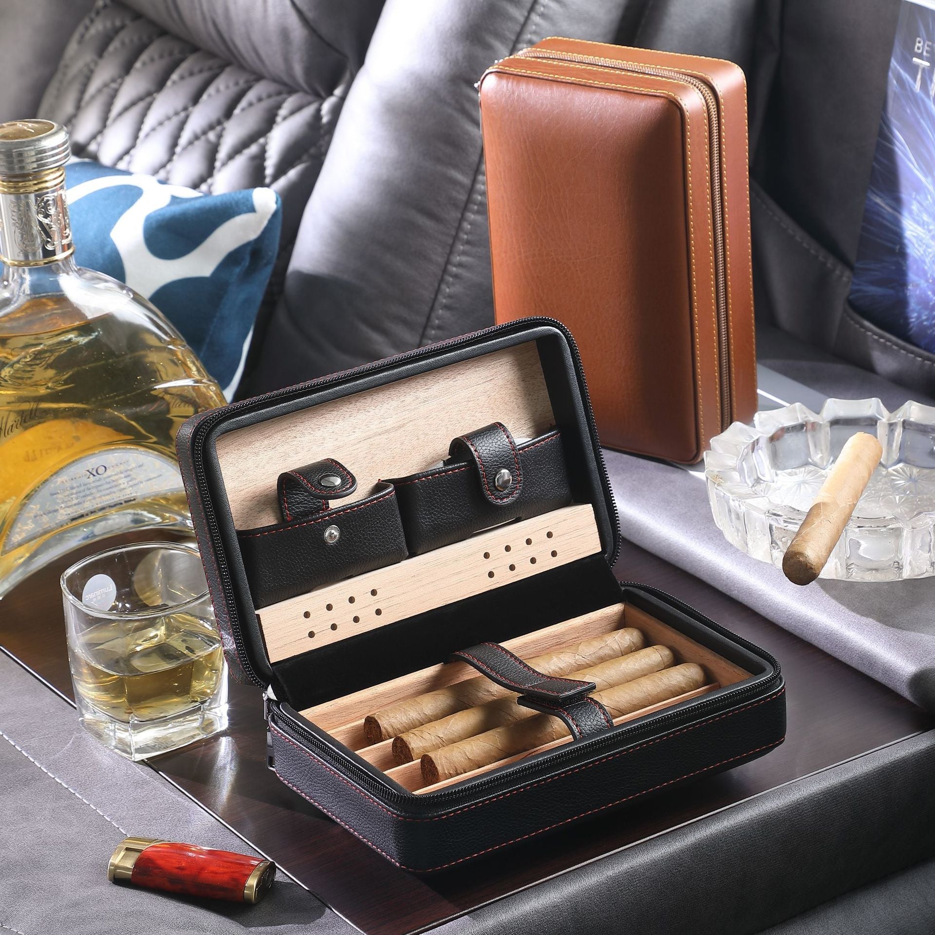 Cigar box portable zipper bag four pack mellow and moisturizing smoking accessories cedar wood gift box travel companion