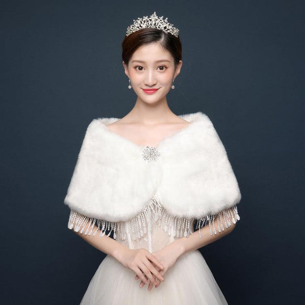 Bride's wedding dress fur shawl women's warm white cloak cheongsam jacket red cloak