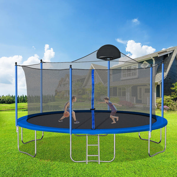 14FT Trampoline for Adults & Kids with Basketball Hoop, Outdoor Trampolines w/Ladder and Safety Enclosure Net for Kids and Adult
