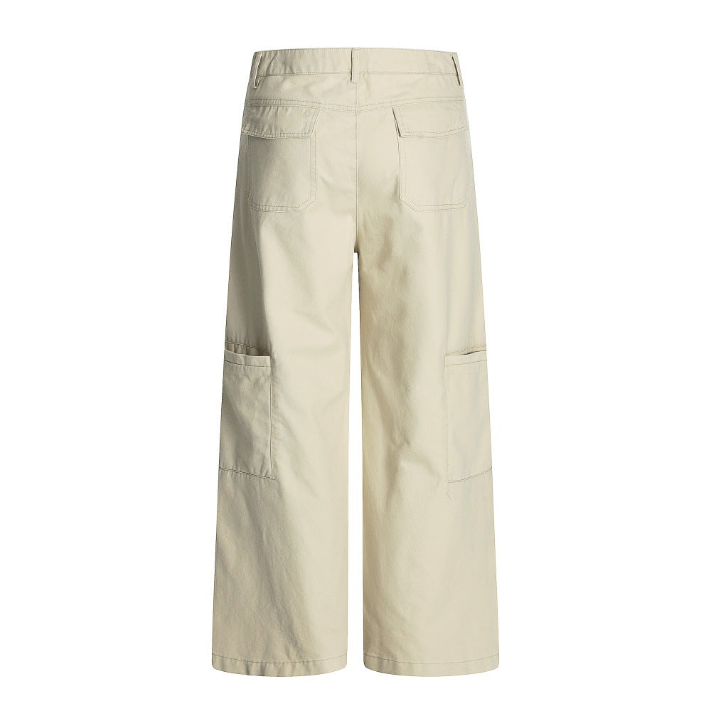 Design Sense Multi-Pocket Workwear Casual Trousers Men's Solid Color Loose Wide-Leg Straight Leg Long Pants Vibe Trendy Retro Versatile