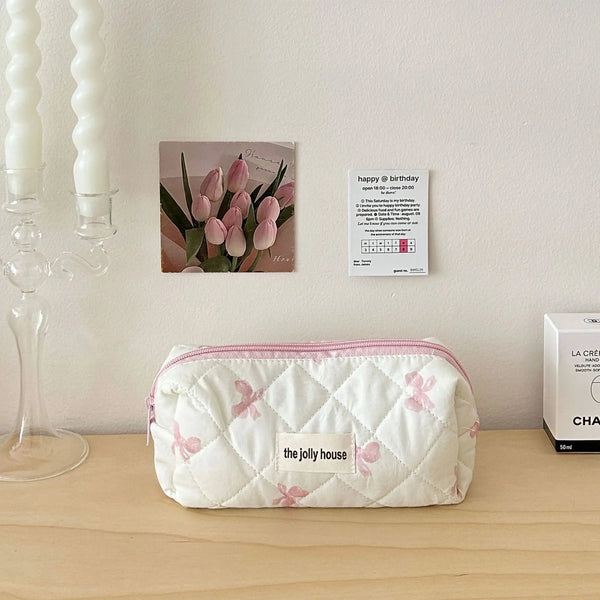Cute Bow Flower Quilting Cotton Makeup Bag Women Zipper Cosmetic Organizer Female Cloth Handbag Portable Toiletry Case for Girls