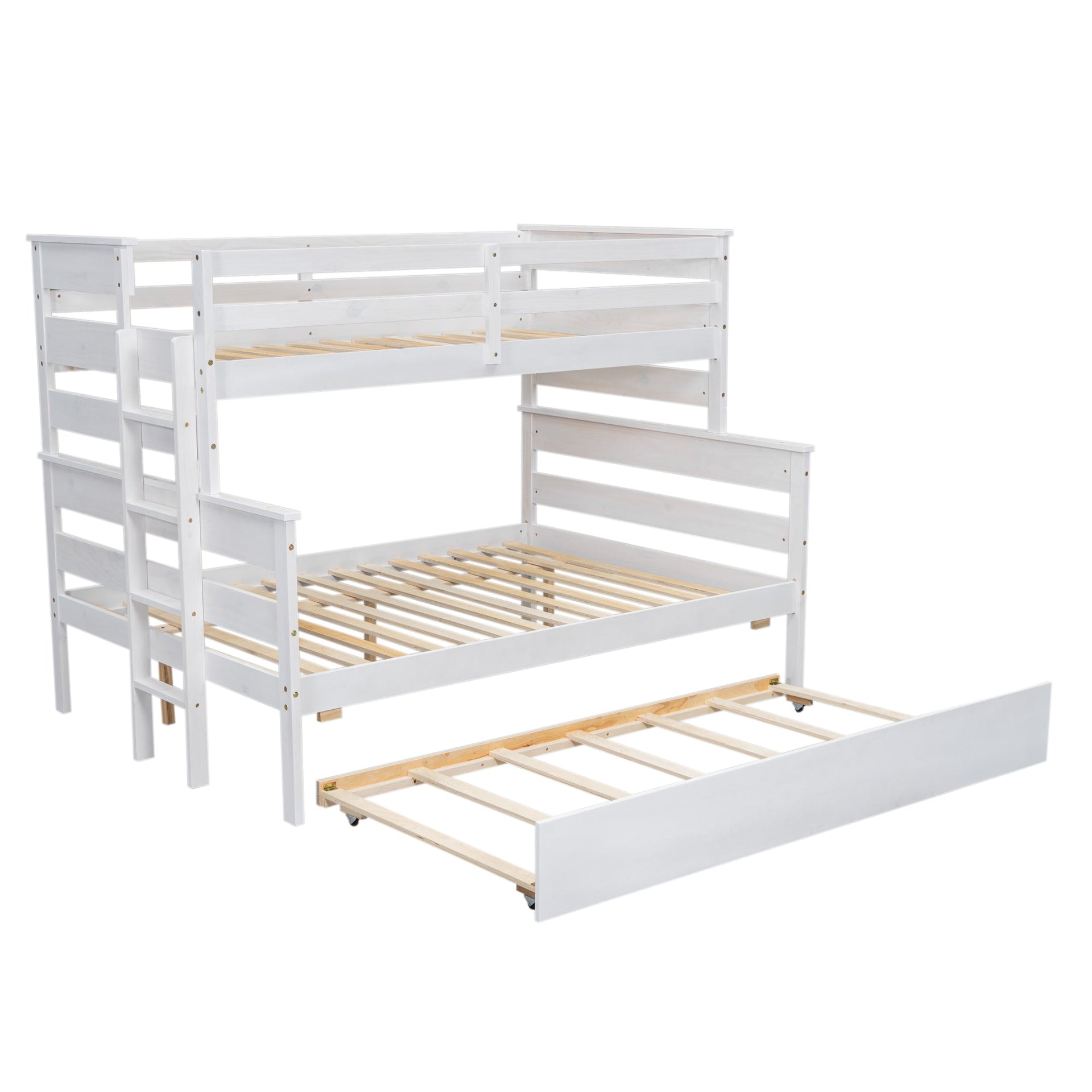 Wood Twin over Full Bunk Bed with Twin Size Trundle  White