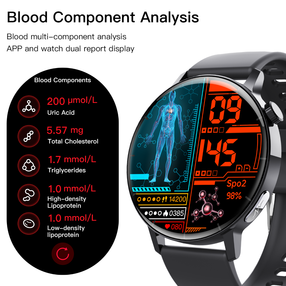 ECG monitor Smart Watch Non Invasive Blood Glucose Smart Watch with Blood Component Analysis