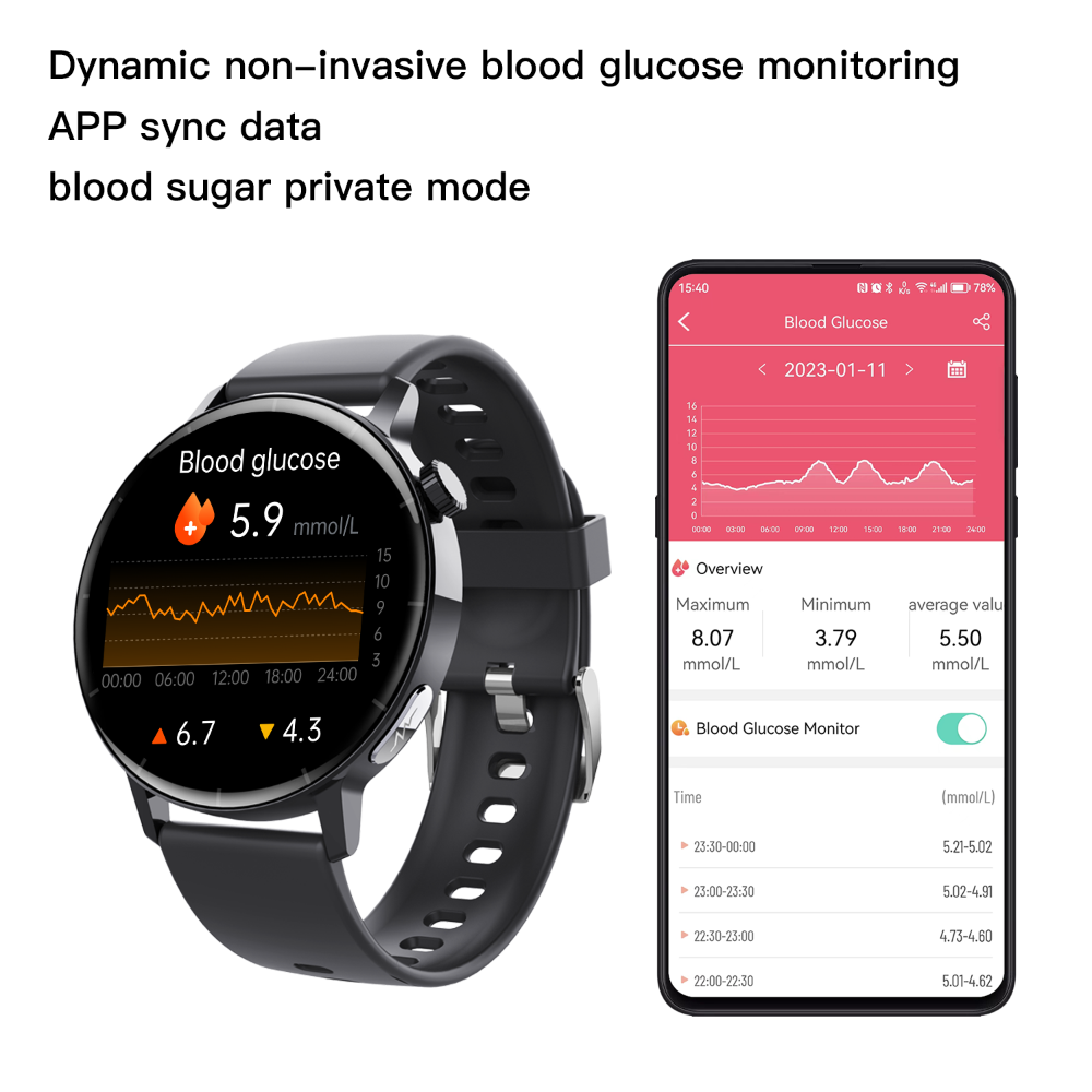 ECG monitor Smart Watch Non Invasive Blood Glucose Smart Watch with Blood Component Analysis