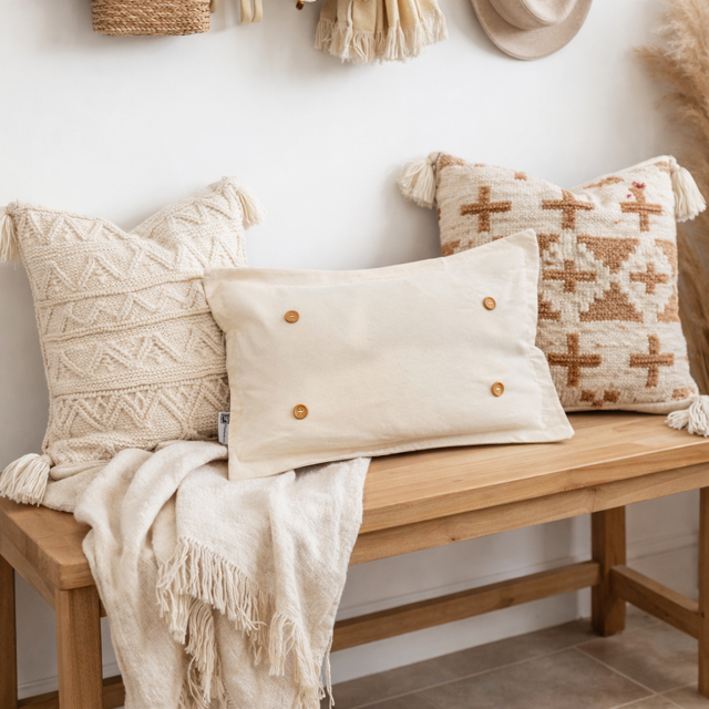 PILLOW ONLY (with fluffy insert): Natural Boho Cream: RECTANGLE BOHO PILLOW (with fluffy insert)