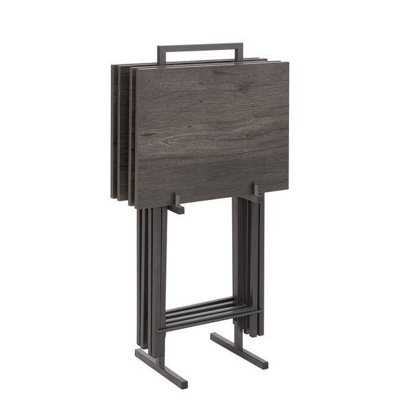 Folding office desk TV tray table set of 4 TV trays with storage rack wooden folding TV tray foldable snack table, rural gray