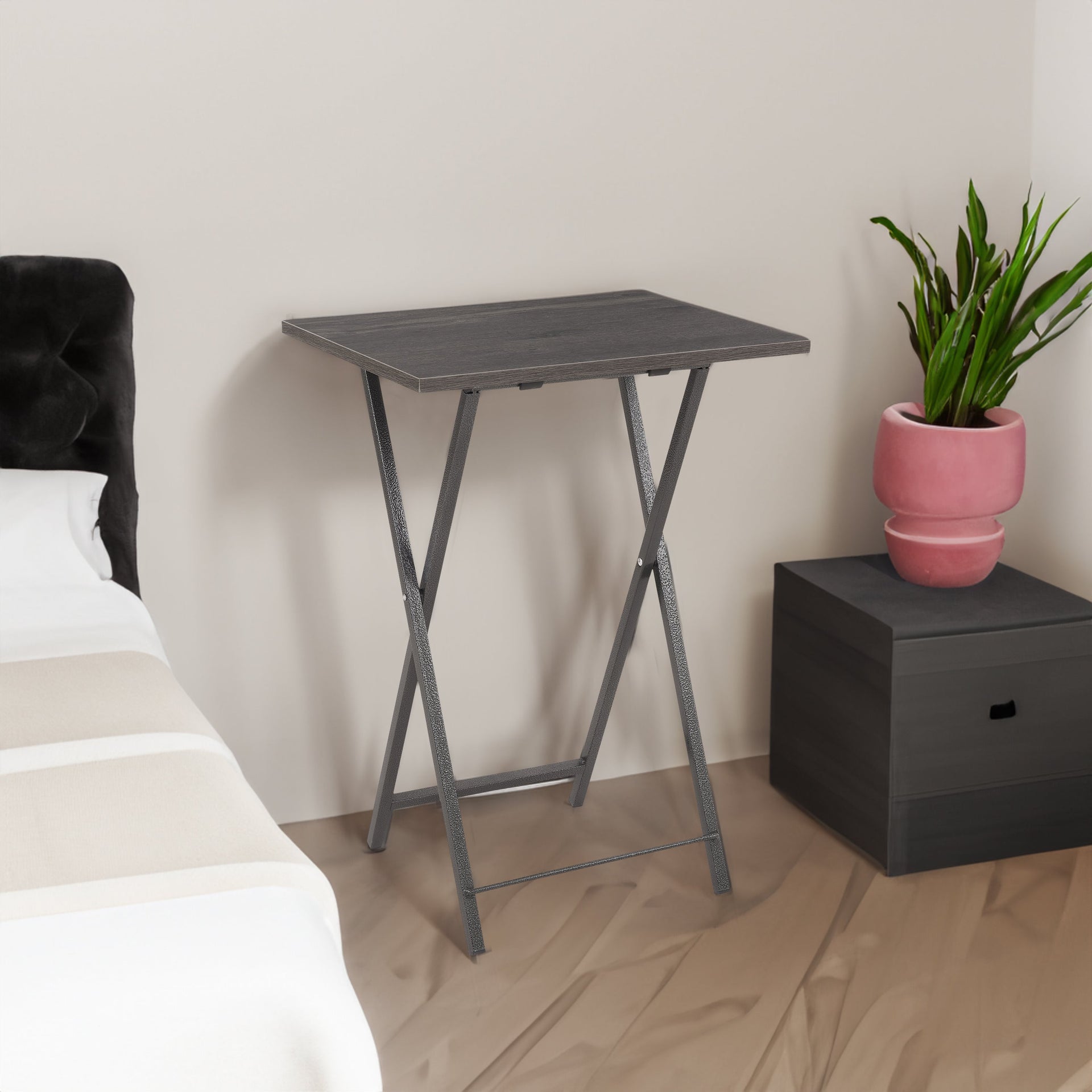 Folding office desk TV tray table set of 4 TV trays with storage rack wooden folding TV tray foldable snack table, rural gray