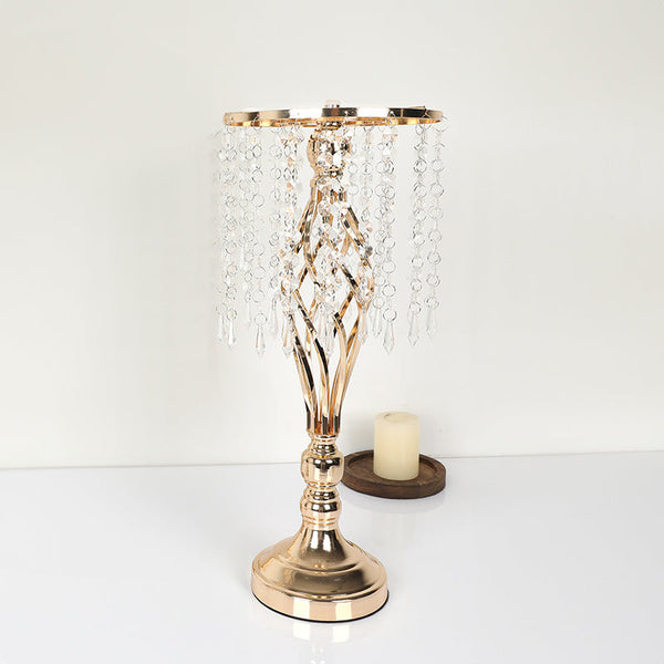 Wrought Iron Metal Flower Stand with Crystal Acrylic Beads Hanging Flower Arrangement, Gold-Plated Decoration for Wedding Tables