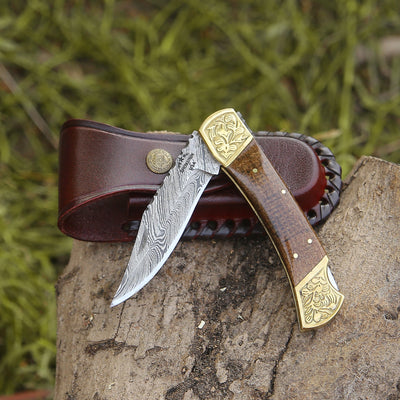 Goldshadow Handmade Damascus EDC Folding Pocket Knife with Leather Sheath & Micarta Handle
