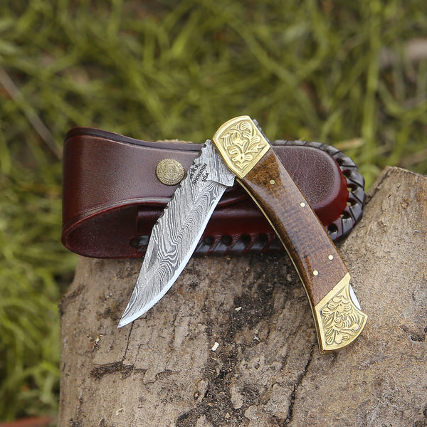 Goldshadow Handmade Damascus EDC Folding Pocket Knife with Leather Sheath & Micarta Handle