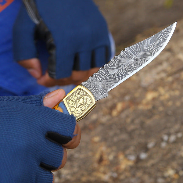 Thundersteel Handmade Damascus EDC Folding Knife with Leather Sheath & Pakkawood Handle