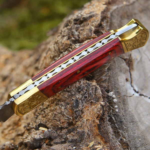 Edgefire Handmade Damascus EDC Utility Folding Knife with Leather Sheath & Pakka wood