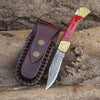 Edgefire Handmade Damascus EDC Utility Folding Knife with Leather Sheath & Pakka wood