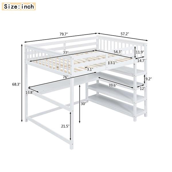 Full Size Loft Bed with Storage Shelves and Under-bed Desk  White