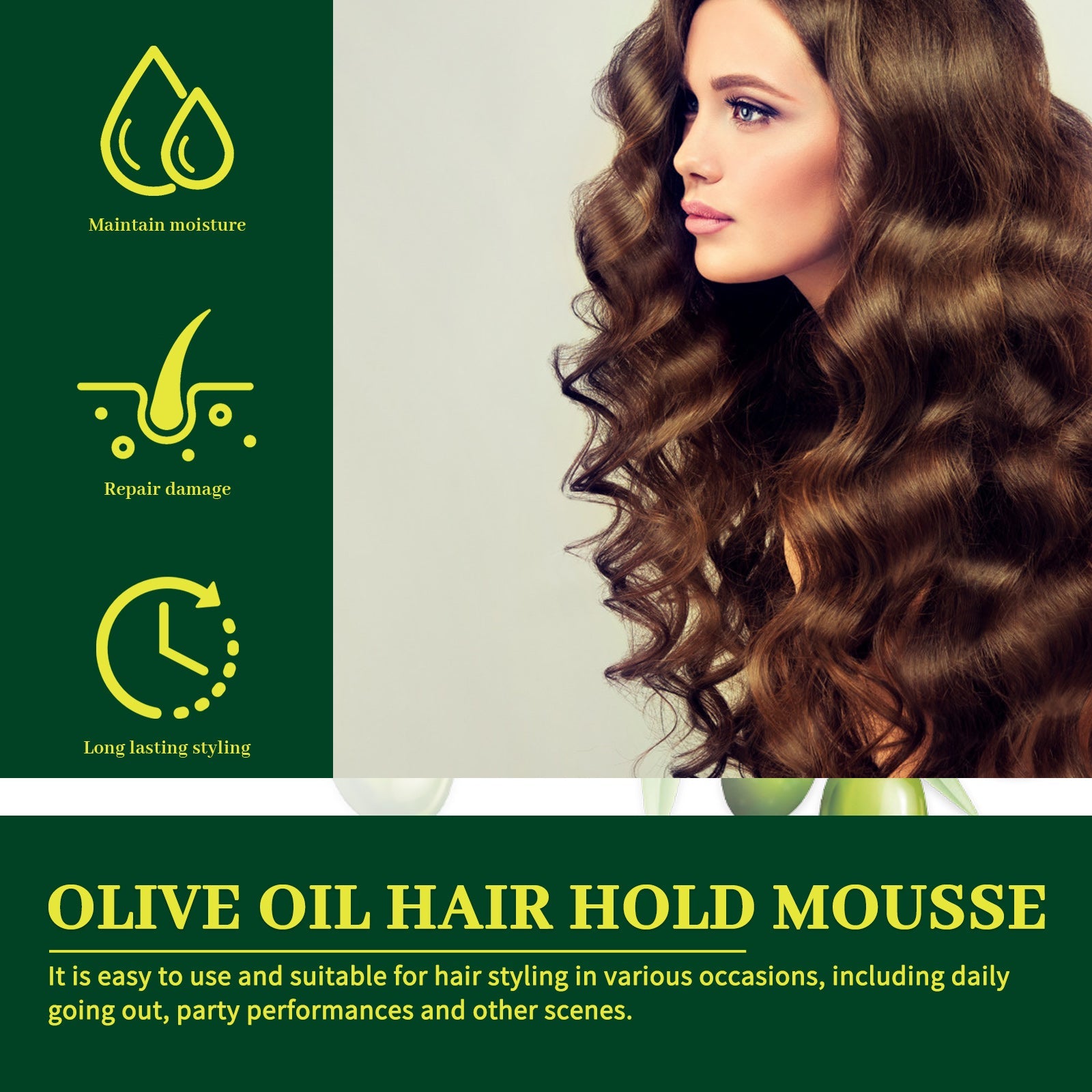 Olive Oil Hair Hold Mousse, Curly Hair Styling Moisturizing And Curling Style Durable Frizz Proof Mousse