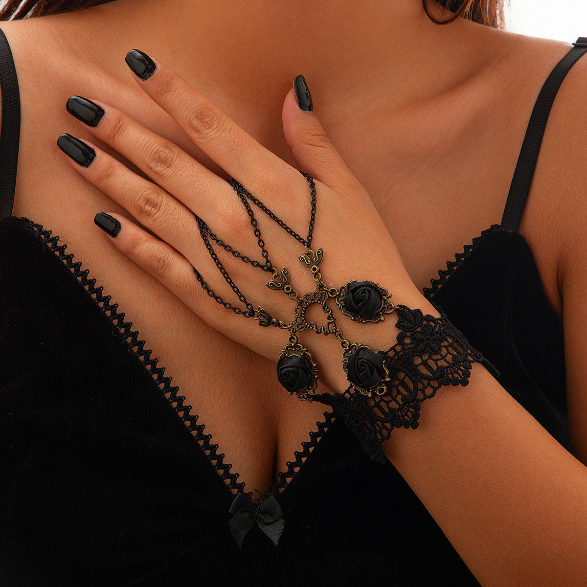 Halloween Finger Mesh Tassel Bracelet Punk Alloy Rose Lace Floral Handmade for Women