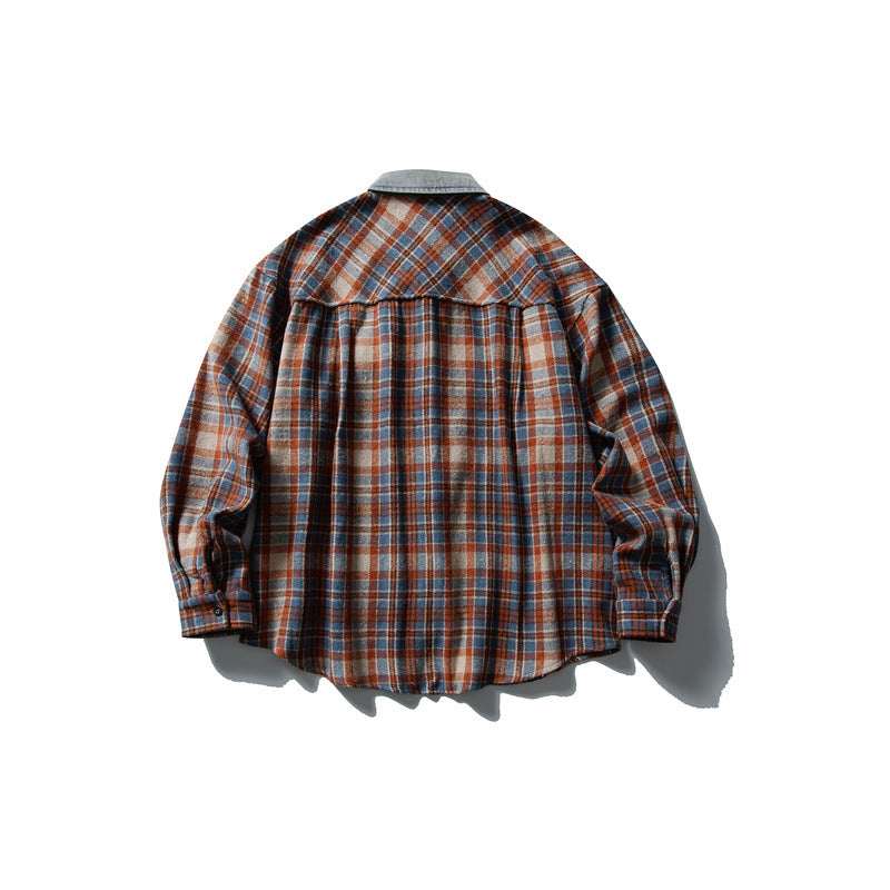 Color blocked denim patchwork brushed plaid shirt for men and women