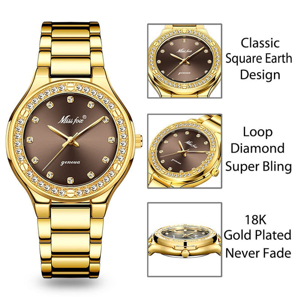 MISSFOX 2742 Elegant Woman Watch Luxury Brand Female Wristwatch Japan Movt 30M Waterproof Gold Expensive Analog Geneva Quartz Watch