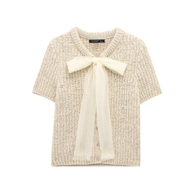 Fashionable transparent stiff yarn bow decoration knitted jacket