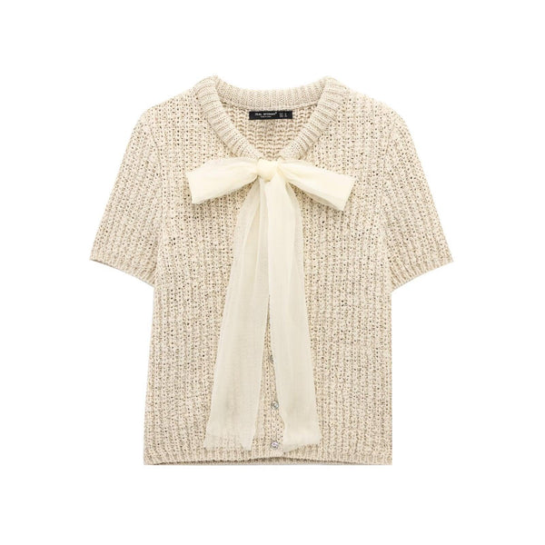 Fashionable transparent stiff yarn bow decoration knitted jacket