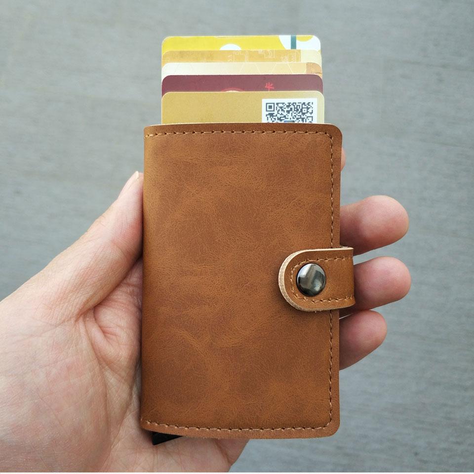 RFID Protected Vintage Automatic Leather Credit Card Holder Men Aluminum Alloy Hasp Business ID Multifunction Cardholder Wallet