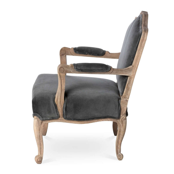 French Country Velvet Armchair with Carved Wood Frame
