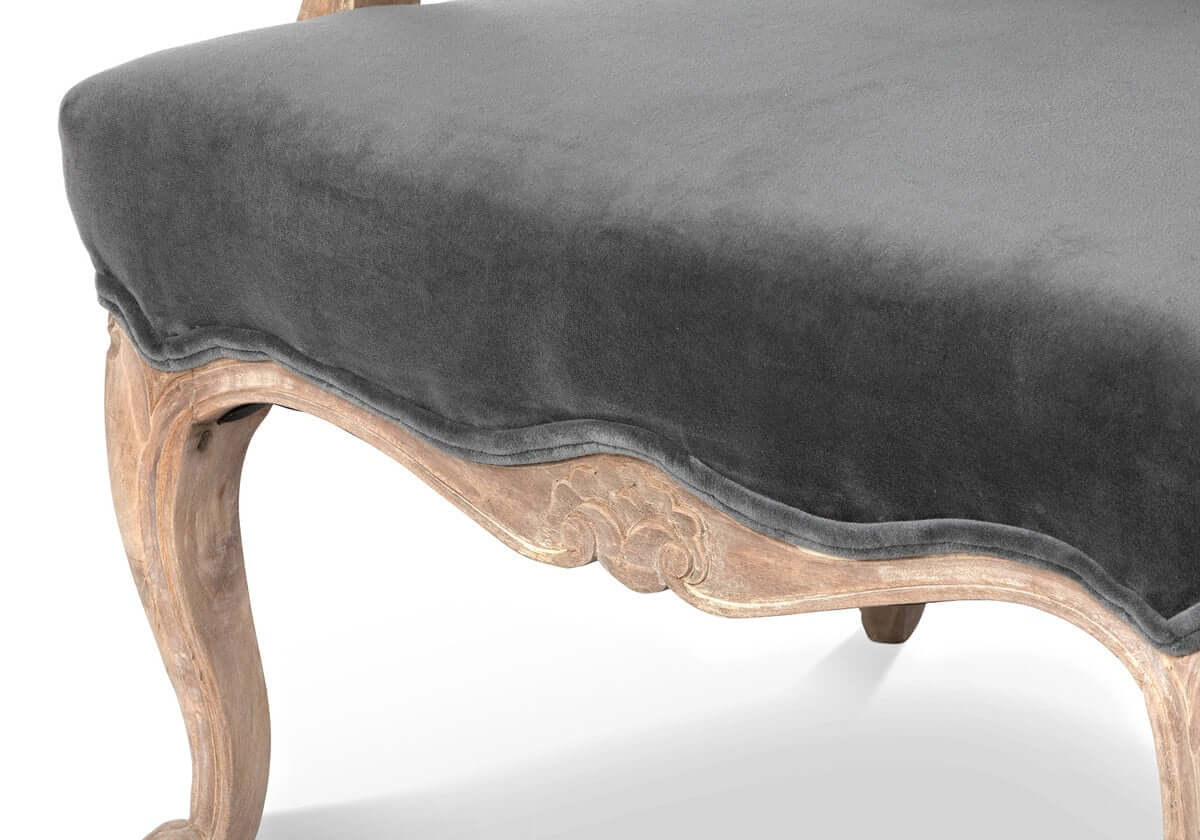 French Country Velvet Armchair with Carved Wood Frame