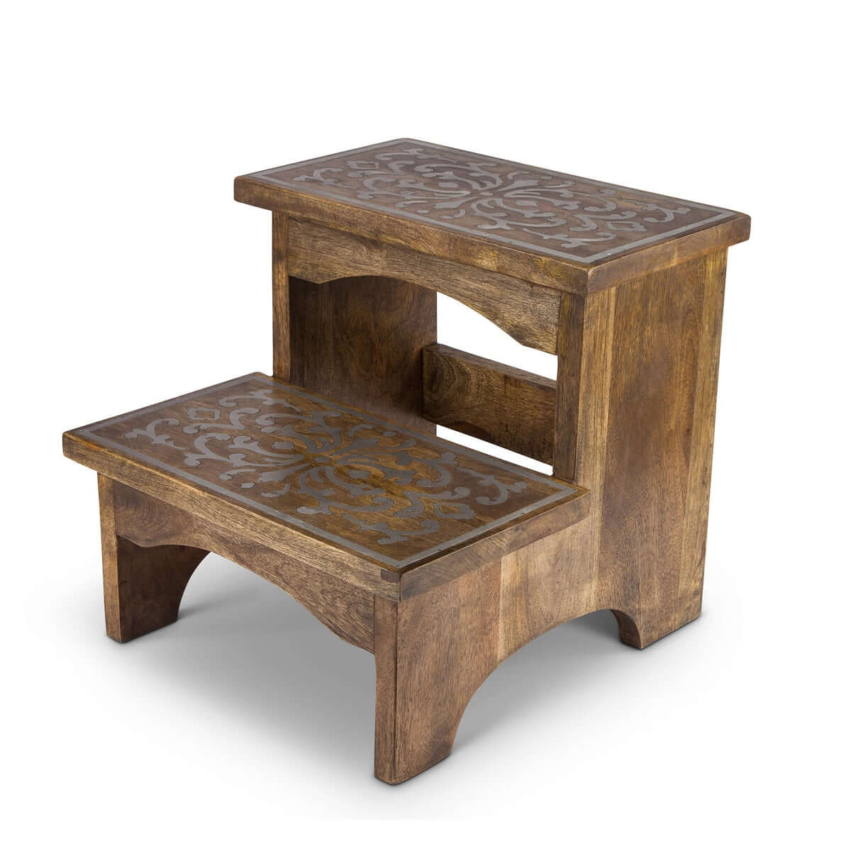 Wooden Step Stool with Decorative Metal Inlay