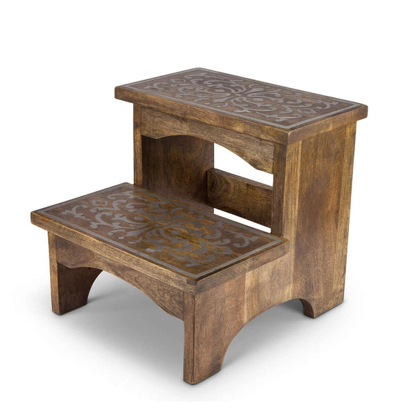 Wooden Step Stool with Decorative Metal Inlay