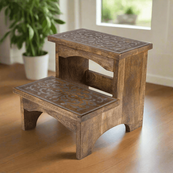 Wooden Step Stool with Decorative Metal Inlay