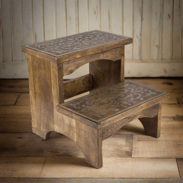 Wooden Step Stool with Decorative Metal Inlay