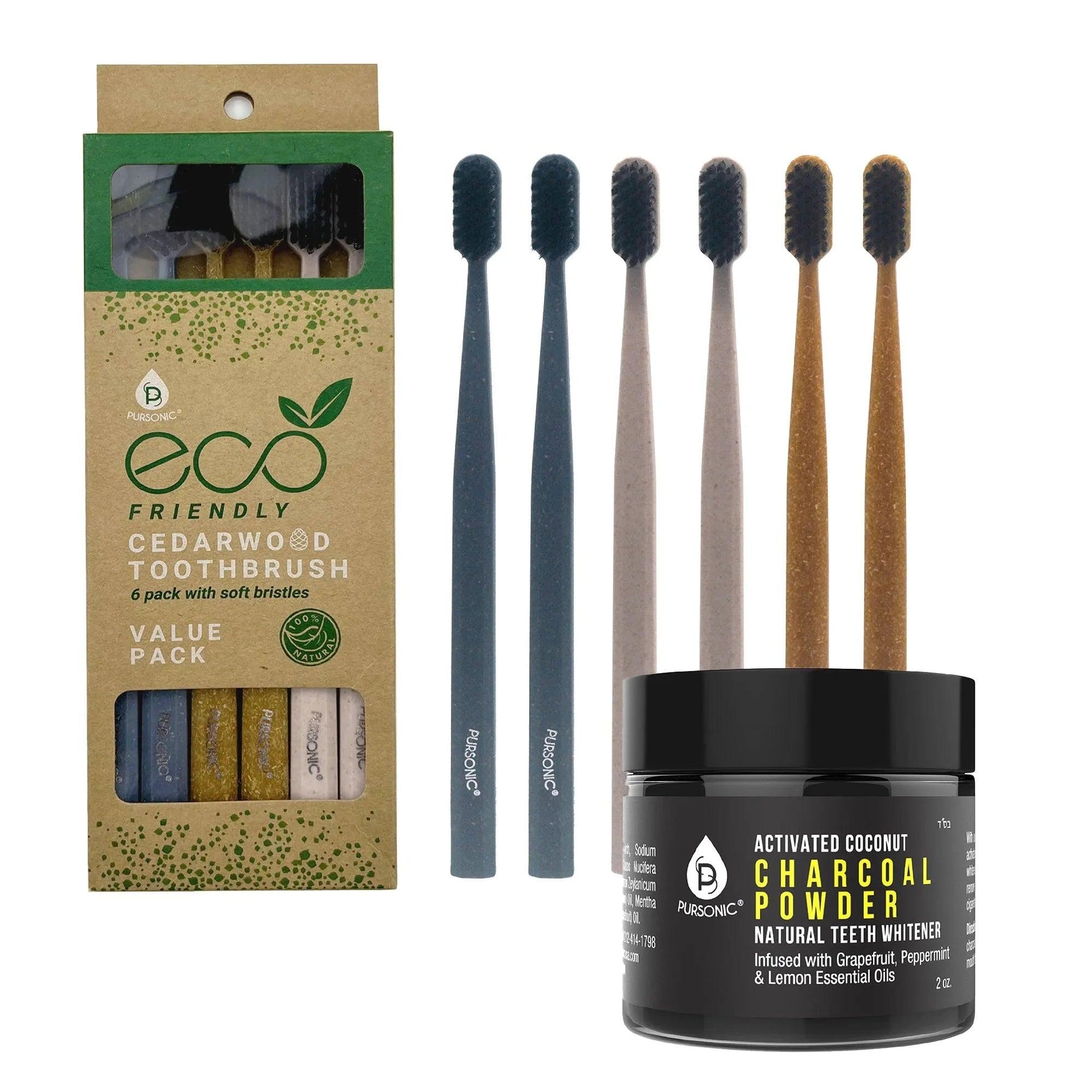 Natural Radiance Combo: Activated Coconut Charcoal Powder Natural Teeth Whitener + 100% Eco-friendly Cedarwood Toothbrushes (6 Pack) - Gifts for You 'n Me