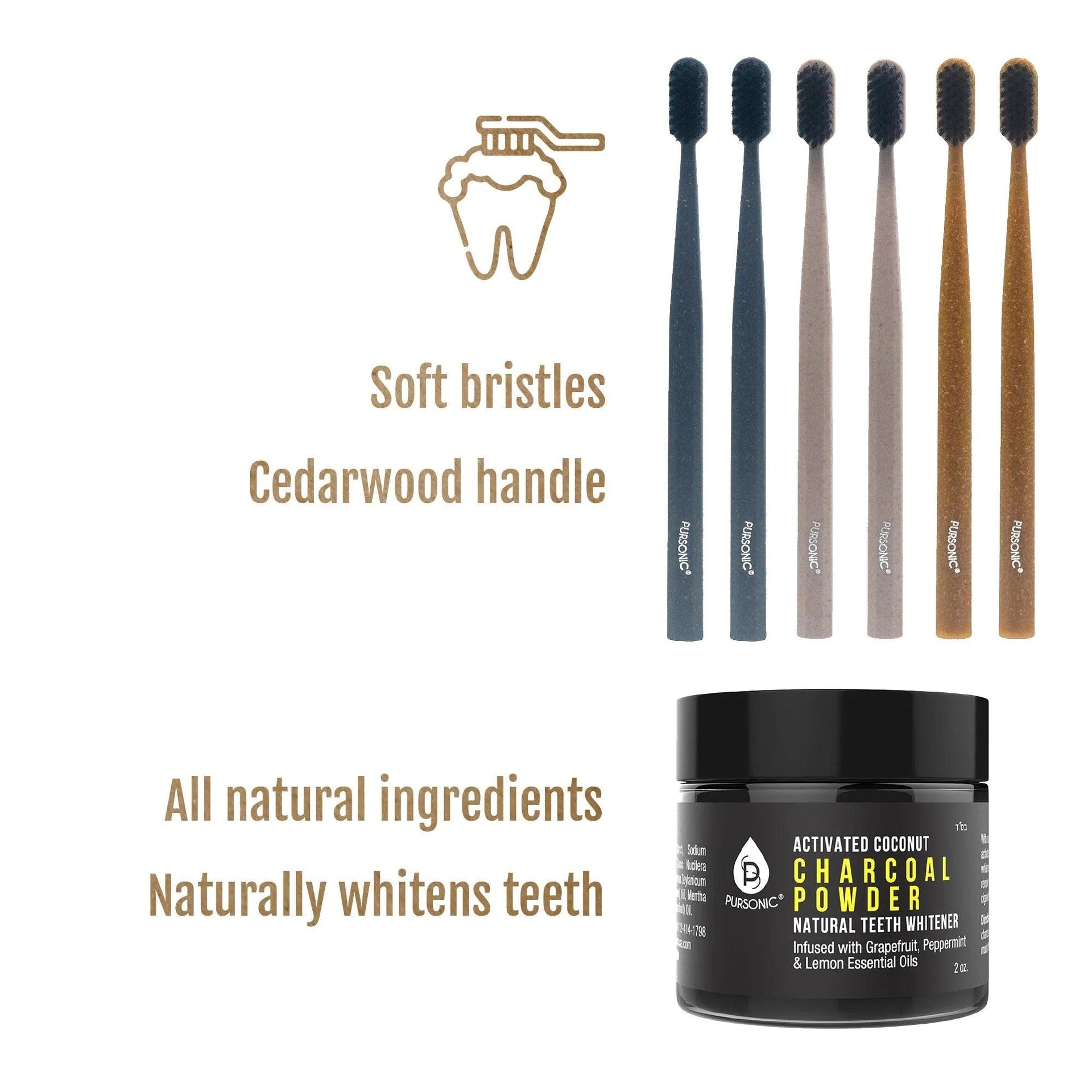 Natural Radiance Combo: Activated Coconut Charcoal Powder Natural Teeth Whitener + 100% Eco-friendly Cedarwood Toothbrushes (6 Pack) - Gifts for You 'n Me