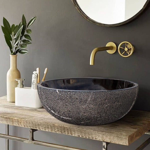 Toros Black Marble Vessel Sink Above-Counter Polished Interior Rough Exterior (D)16