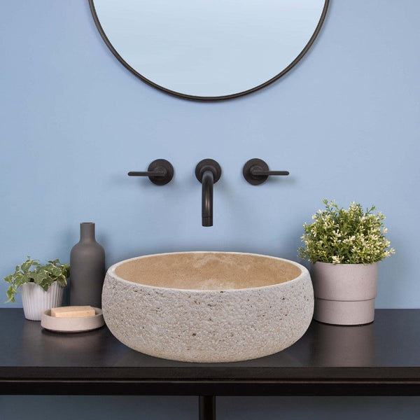 Light Beige Travertine Vessel Bathroom Sink Polished Inside and Sandblasted Outside  (D)16