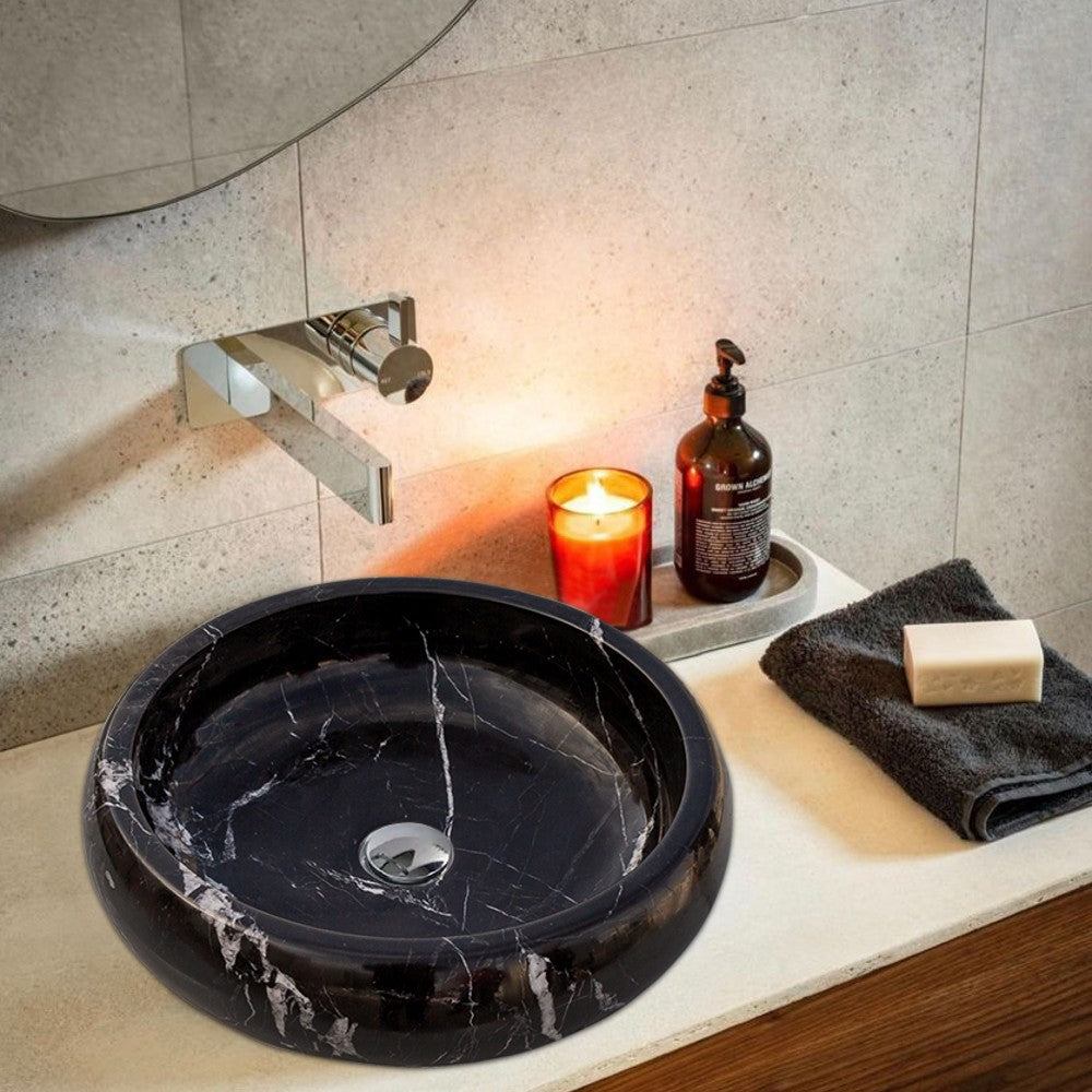 Natural Stone Toros Black Marble Vessel Sink Bowl Polished (D)16