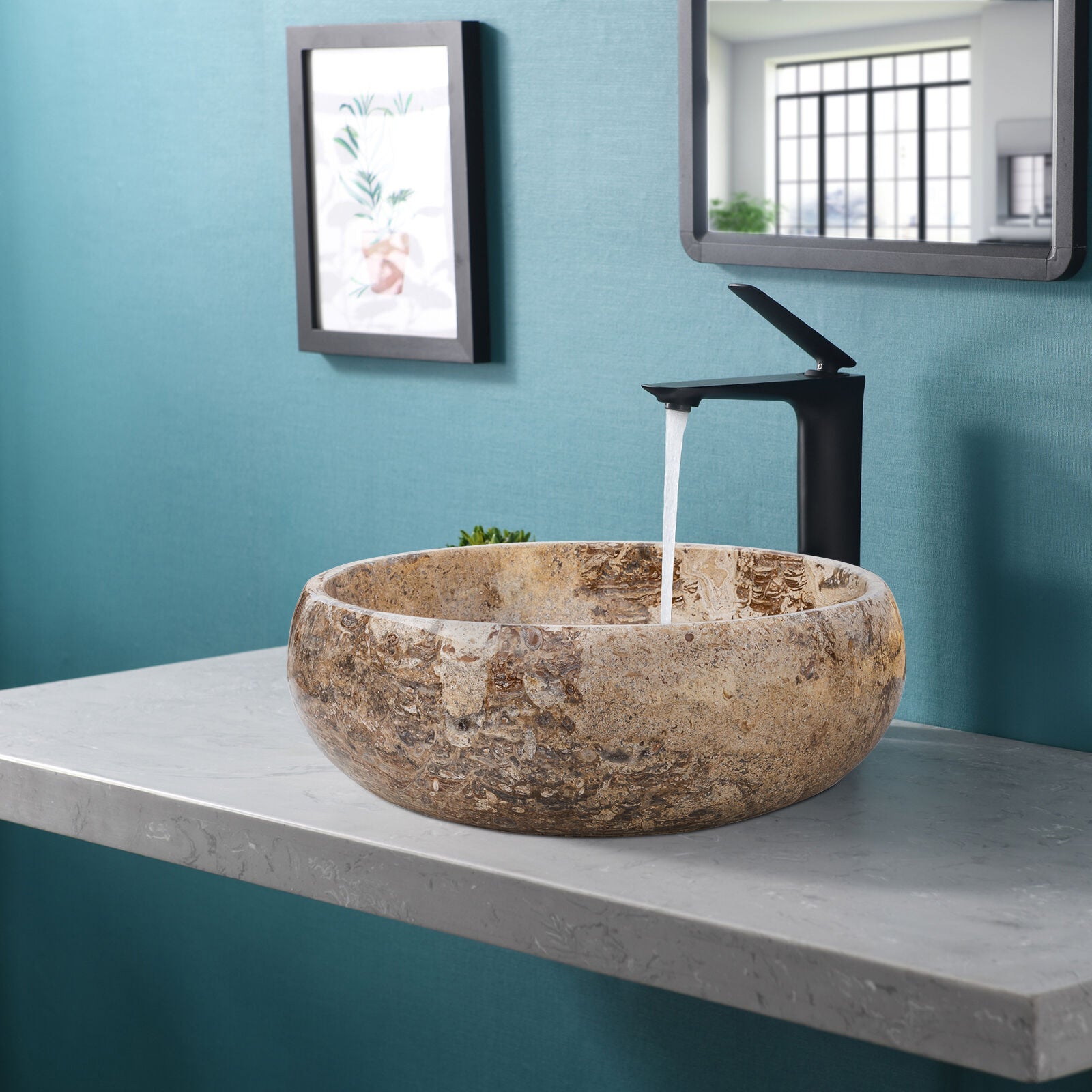 Valencia Beige Travertine Natural Stone Vessel Sink Filled and Polished (D)16