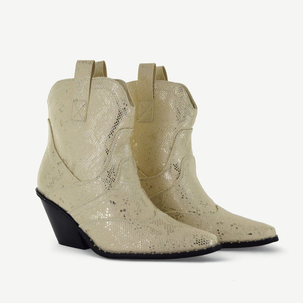 Isabel: Western Bootie - Off-White Snake